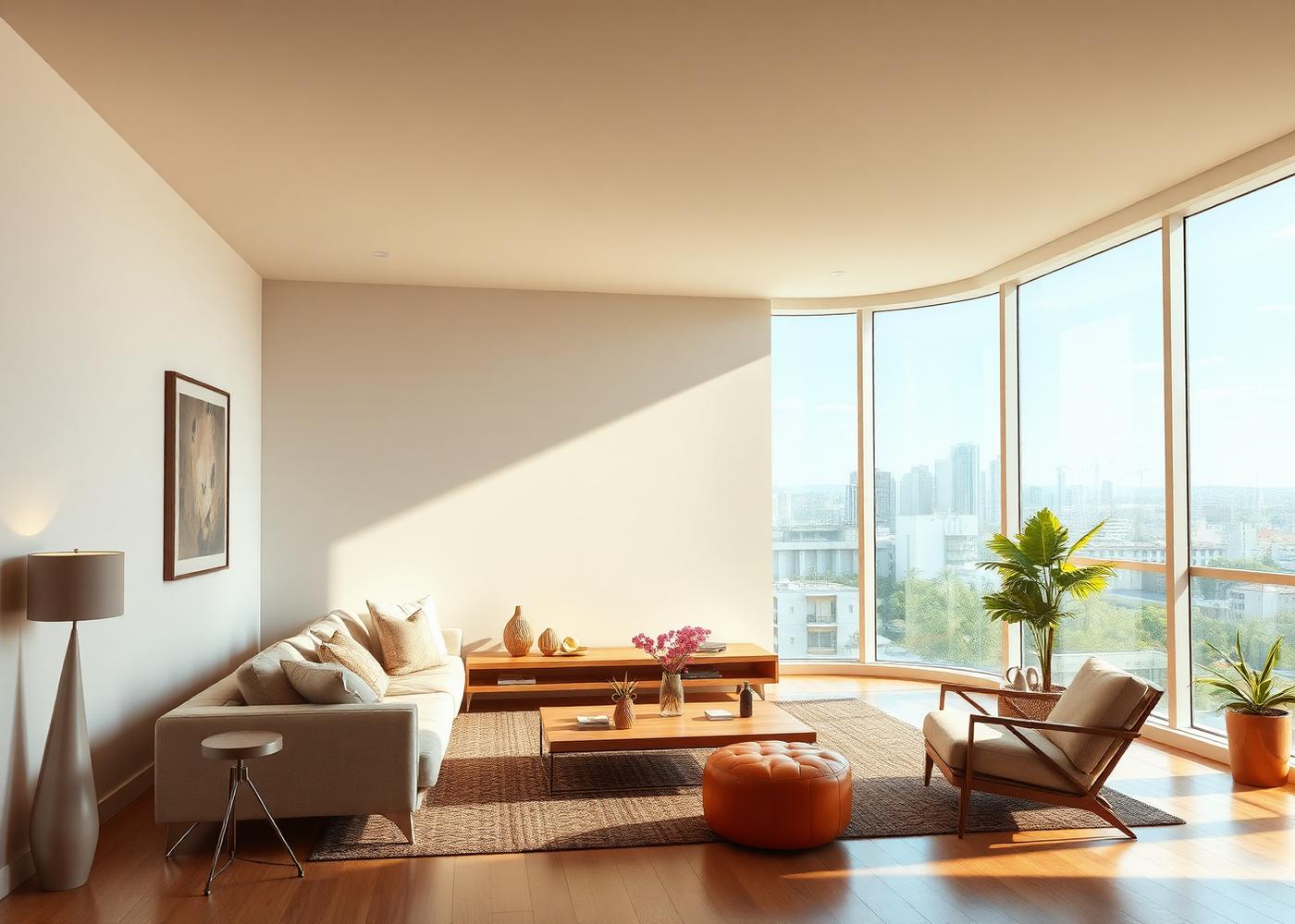 Sala de apartamento contemporâneo com vista para a cidade